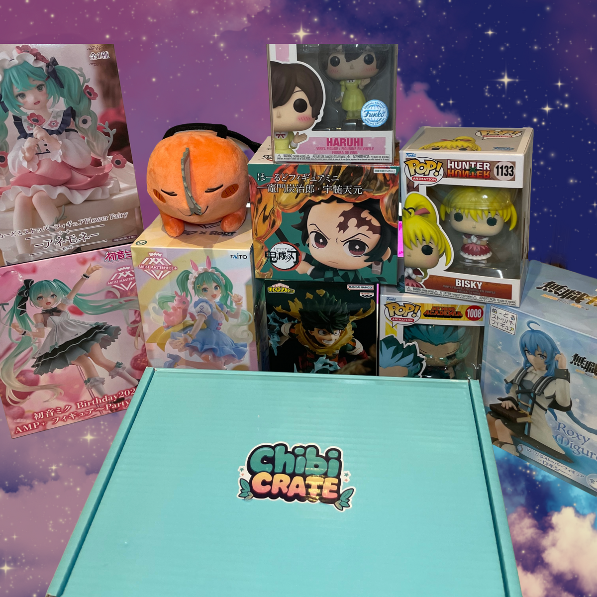 Example anime figures, plush and collectibles displayed beside a Chibi Crate box; exact contents vary.