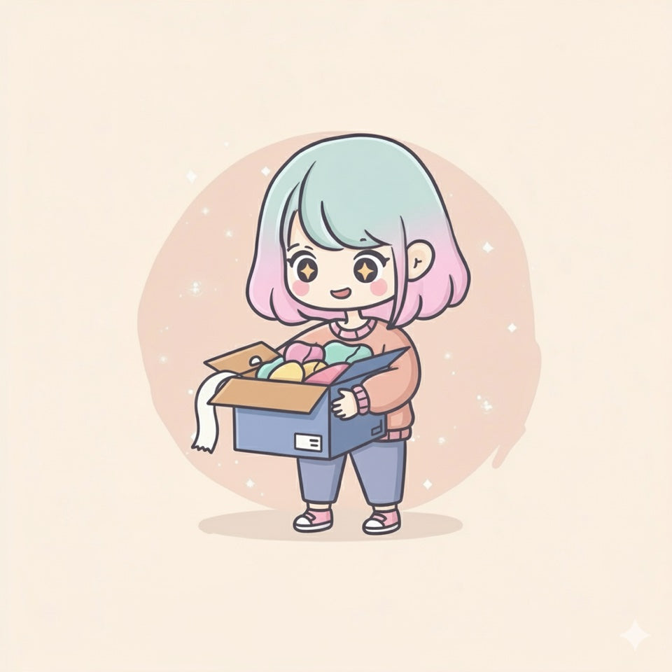 Illustration of a standing chibi character holding a box, representing curating and packing your crate.